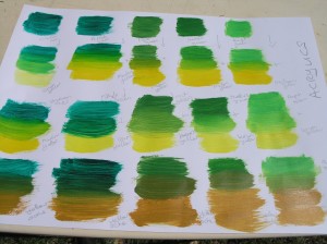 I used commercial made greens to get an understanding of what colours had been used to make up that specific green and compare the effects of using different tones of other colours on these.